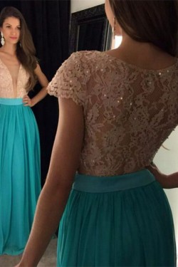 Cap Sleeves Lace Chiffon Long Prom Evening Dresses 3020605