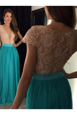 Cap Sleeves Lace Chiffon Long Prom Evening Dresses 3020605