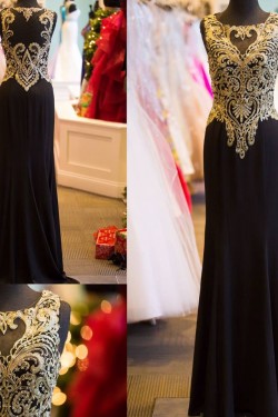 Long Black Beaded Prom Evening Formal Dresses with Gold Lace Appliques 3020607