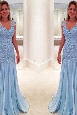 Long Blue V-Neck Lace Prom Evening Dresses 3020609