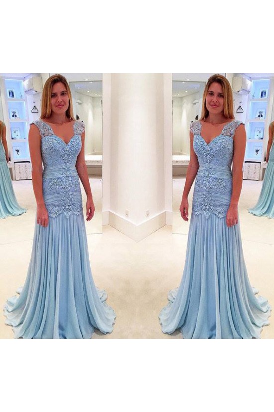 Long Blue V-Neck Lace Prom Evening Dresses 3020609