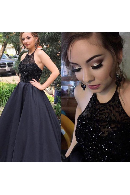 Long Black Beaded Halter Prom Evening Party Dresses 3020610