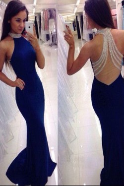 Long Blue Beaded Mermaid Prom Evening Party Dresses 3020611