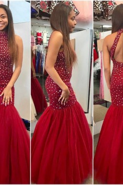 Mermaid Beaded Long Red Prom Evening Party Dresses 3020613