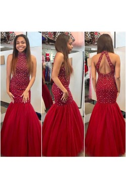Mermaid Beaded Long Red Prom Evening Party Dresses 3020613