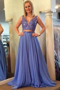 Beaded Two Pieces Long Prom Evening Party Dresses 3020615