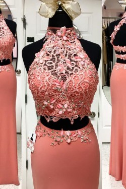 Beaded Two Pieces Lace Long Prom Evening Party Dresses 3020616