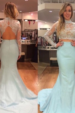 Long Sleeves Two Pieces Mermaid Beaded Lace Prom Evening Party Dresses 3020621