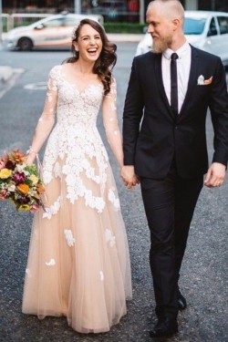 Long Sleeves V-Neck Lace Appliques Prom Evening Party Dresses 3020624