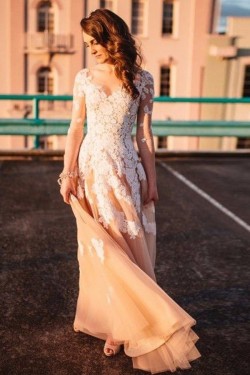 Long Sleeves V-Neck Lace Appliques Prom Evening Party Dresses 3020624