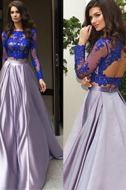 Two Pieces Long Sleeves Lace Prom Evening Party Dresses 3020626