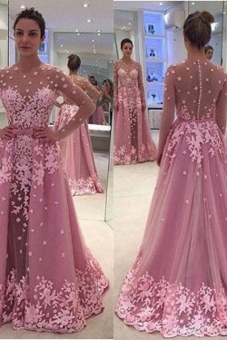 Long Sleeves Pink Lace Appliques Prom Evening Party Dresses 3020629
