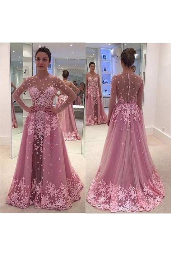 Long Sleeves Pink Lace Appliques Prom Evening Party Dresses 3020629