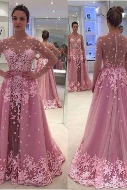 Long Sleeves Pink Lace Appliques Prom Evening Party Dresses 3020629
