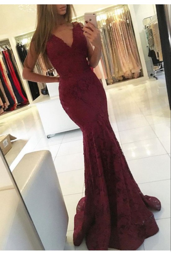 Mermaid V-Neck Lace Long Prom Evening Party Dresses 3020633