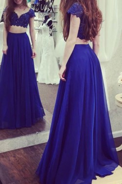 Long Blue Two Pieces Lace Chiffon Prom Evening Party Dresses 3020635