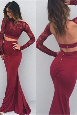 Long Sleeves Two Pieces Burgundy Prom Evening Party Dresses 3020636