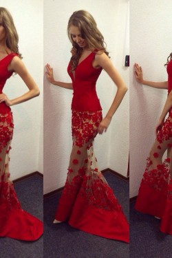 Sexy Mermaid Long Red V-Neck Lace Prom Evening Party Dresses 3020643
