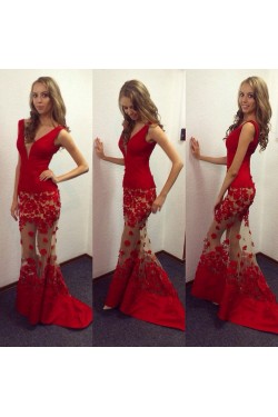 Sexy Mermaid Long Red V-Neck Lace Prom Evening Party Dresses 3020643