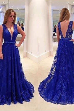 A-Line V-Neck Beaded Long Blue Lace Prom Evening Party Dresses 3020644