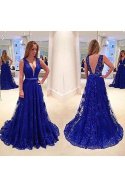 A-Line V-Neck Beaded Long Blue Lace Prom Evening Party Dresses 3020644