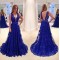 A-Line V-Neck Beaded Long Blue Lace Prom Evening Party Dresses 3020644