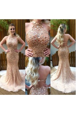 Mermaid Halter Beaded Long Prom Evening Party Dresses 3020645