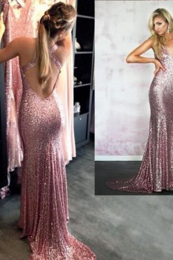 Mermaid Sequins Long V-Neck Prom Evening Party Dresses 3020646