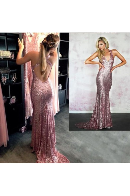 Mermaid Sequins Long V-Neck Prom Evening Party Dresses 3020646