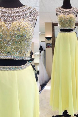 Beaded Two Pieces Long Yellow Prom Evening Party Dresses 3020649