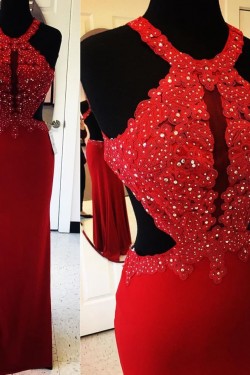 Long Red Beaded Lace Appliques Prom Evening Party Dresses 3020651