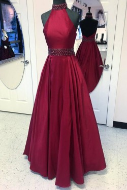 A-Line Halter Beaded Long Prom Evening Party Dresses 3020652