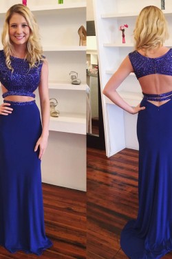 Beaded Two Pieces Royal Blue Long Prom Evening Party Dresses 3020656