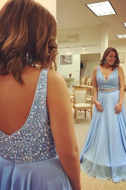 Long Blue Beaded Plus Size Prom Evening Party Dresses 3020657