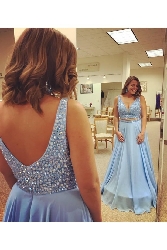 Long Blue Beaded Plus Size Prom Evening Party Dresses 3020657