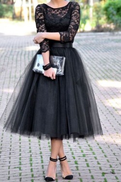 Black Lace Tea Length Prom Evening Party Dresses 3020659