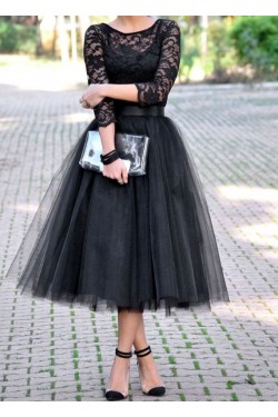 Black Lace Tea Length Prom Evening Party Dresses 3020659