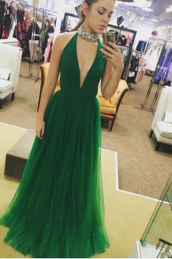Long Green Beaded Deep V-Neck Prom Evening Party Dresses 3020660