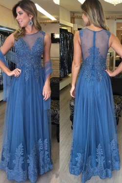 Long Blue Beaded Lace Appliques Prom Evening Party Dresses 3020662