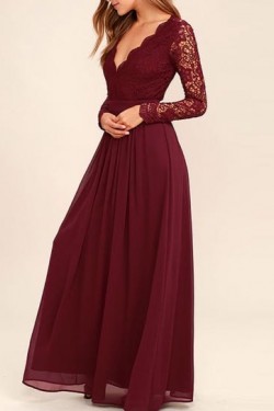 Long Sleeves V-Neck Lace Chiffon Prom Evening Party Dresses 3020665