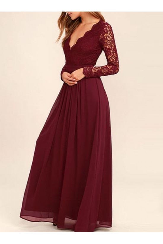 Long Sleeves V-Neck Lace Chiffon Prom Evening Party Dresses 3020665