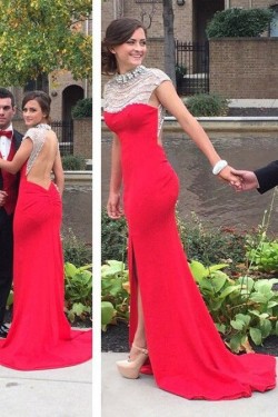 Long Red Beaded Prom Evening Party Dresses 3020667