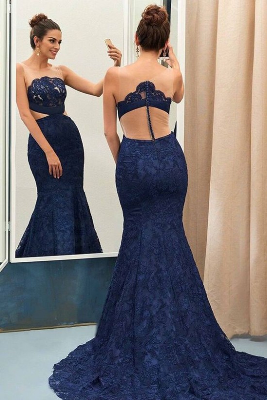 Mermaid Long Blue Lace Prom Evening Party Dresses 3020676