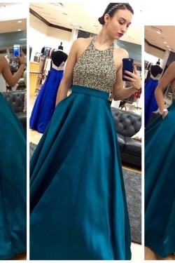 A-Line Halter Beaded Long Prom Evening Party Dresses 3020678