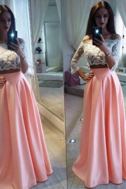 Two Pieces Off-the-Shoulder Lace Pink White Prom Evening Party Dresses 3020681