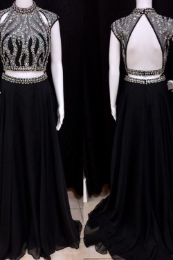 Long Black Two Pieces Beaded Chiffon Prom Evening Party Dresses 3020683