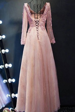 A-Line Long Sleeves V-Neck Lace Prom Evening Party Dresses 3020684