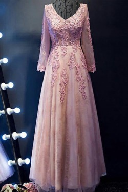 A-Line Long Sleeves V-Neck Lace Prom Evening Party Dresses 3020684