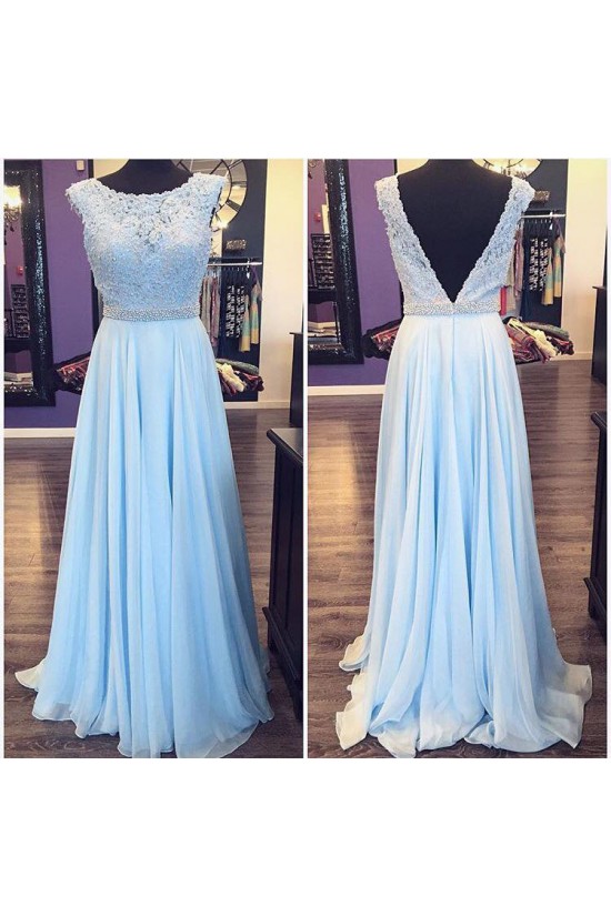 Long Blue Beaded Lace Appliques Prom Evening Party Dresses 3020685