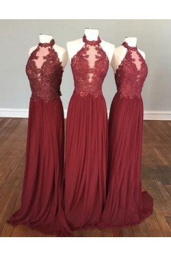 Sheath Halter Lace Appliques Chiffon Long Prom Evening Party Dresses 3020701